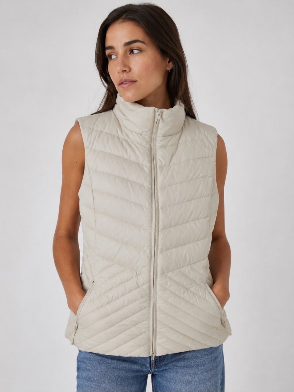 Talbots Down-Filled Zip Puffer Vest Chevron Pattern Quilting Creme Size Med